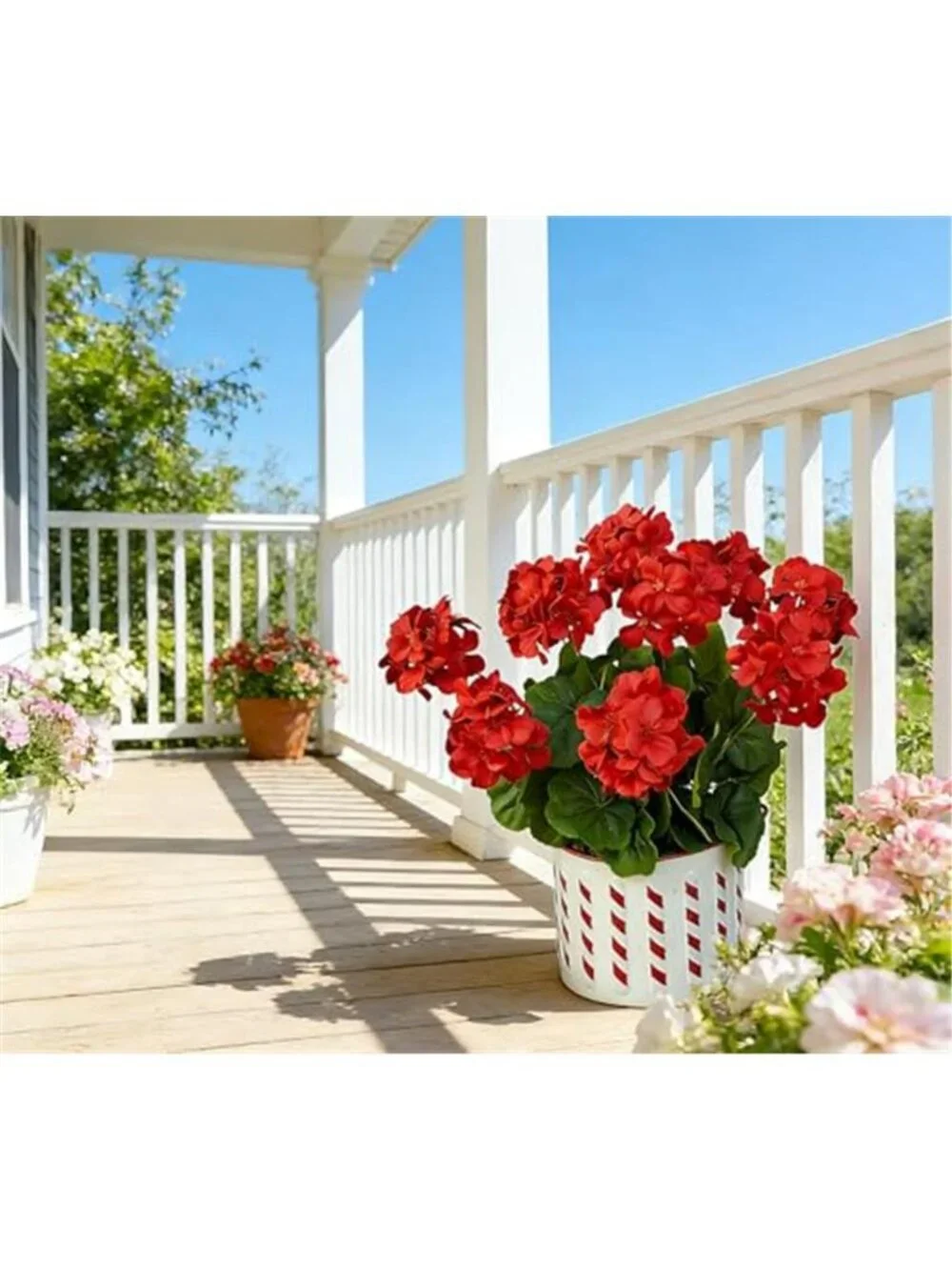 Artificial Geranium Flowers Faux Outdoor Potted Plants UV Resistant Set Of 2